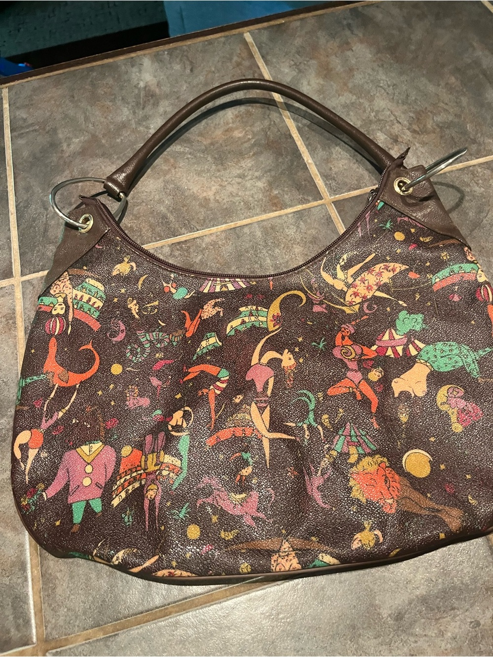 Piero Guidi Brown Canvas Shoulder Bag with Multicolor Circus Print- great cond